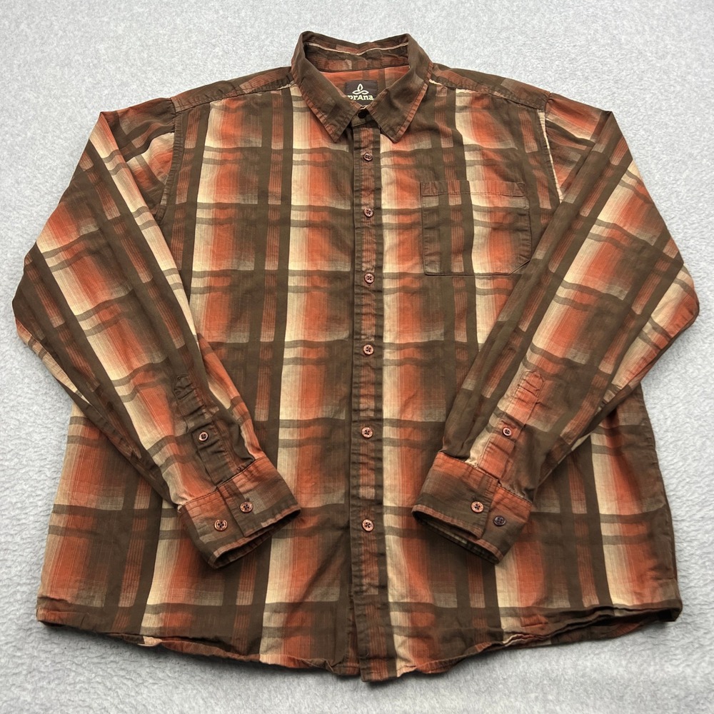 prAna Breathe Shirt Mens XL Brown Plaid Long Sleeve Cotton Button Up Outdoor